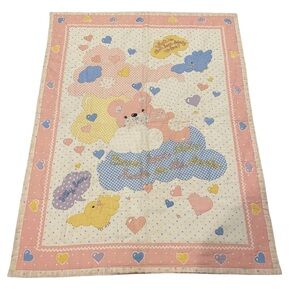 Vintage Baby Quilt Pastel Patchwork Teddy Bear Bird Heart Polka Dot 90s Blanket